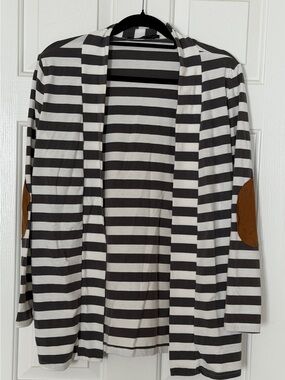 Zanzea Collection Striped Open Front Cardigan w/ Faux Suede Elbow Patches Medium